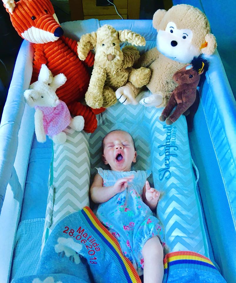 Baby asleep in the sleepyhead with toys from the bear garden