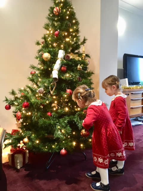 Twi 4 year old girls in red dresses looking at a Christmas tree