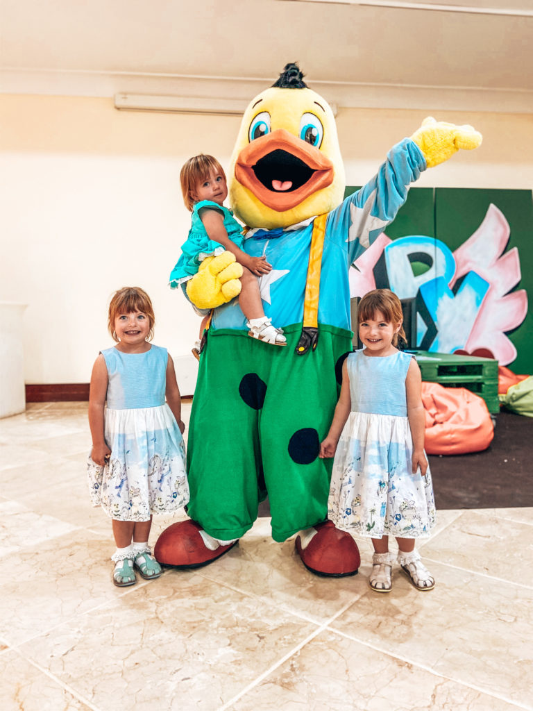 Kiko duck with twin girls and baby