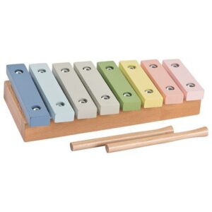 rainbow coloured xylophone with a wooden base and wooden beaters