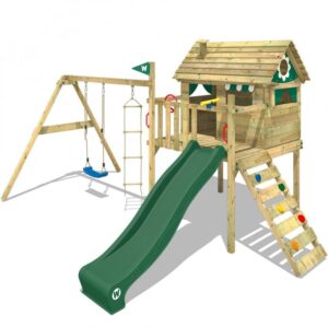 wooden playhouses on stilts with a wooden climbing ladder to one side, and swings and rope ladder to the other side