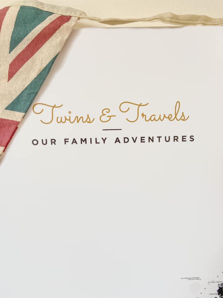 personalisation of a trip map - ours says Twins and Travels in gold