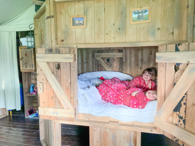 twins in the cupboard bed at Feather Down Farm