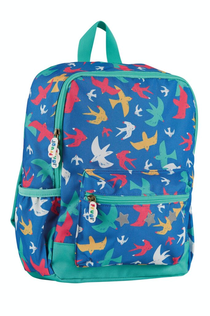 Bright blue backpack with red, yellow and green flying birds