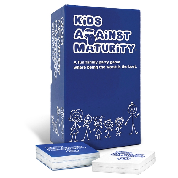 Kids against maturity game in a blue box presents for 6 year olds