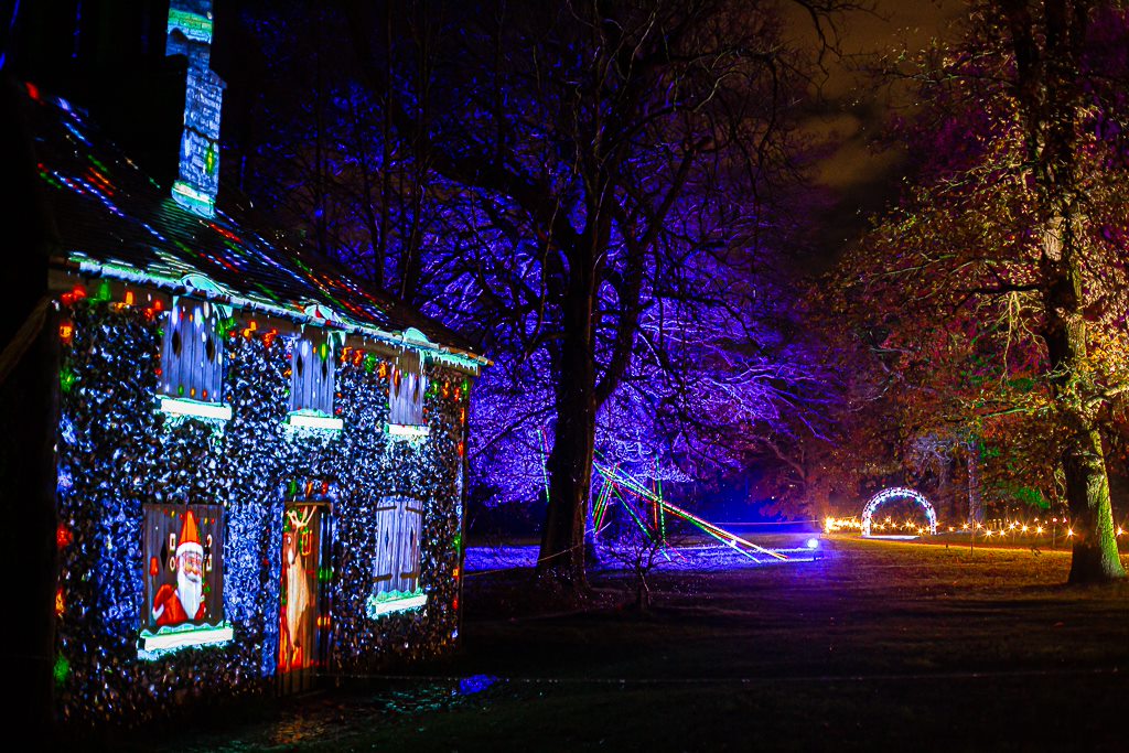 house lit up with lights