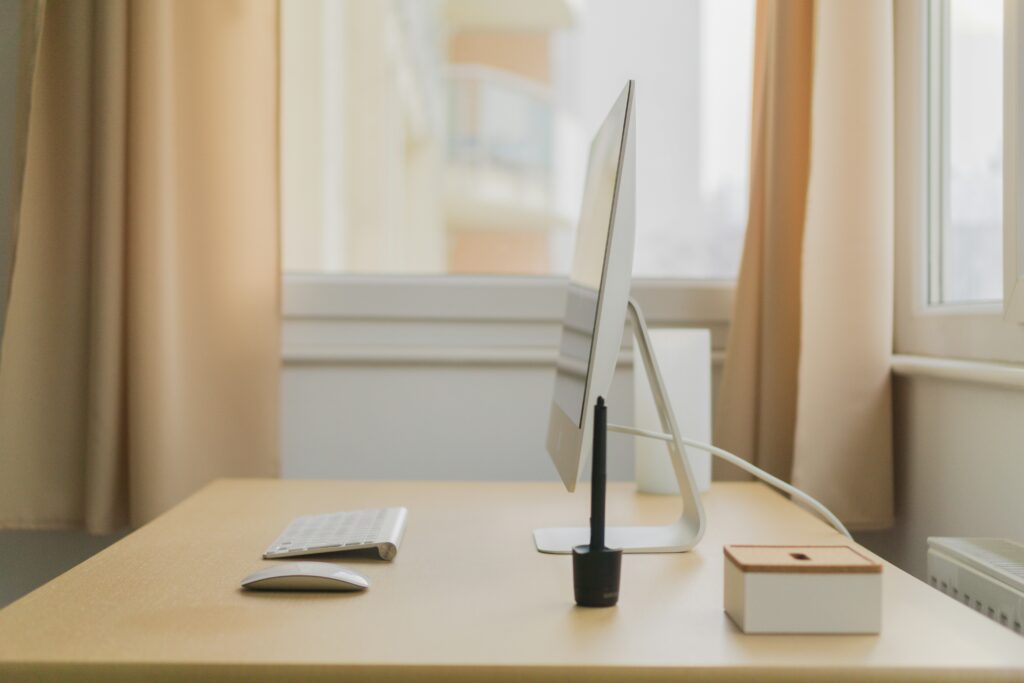 home office desk and curtain