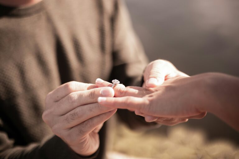 an engagement ring on a finger during a marriage proposal