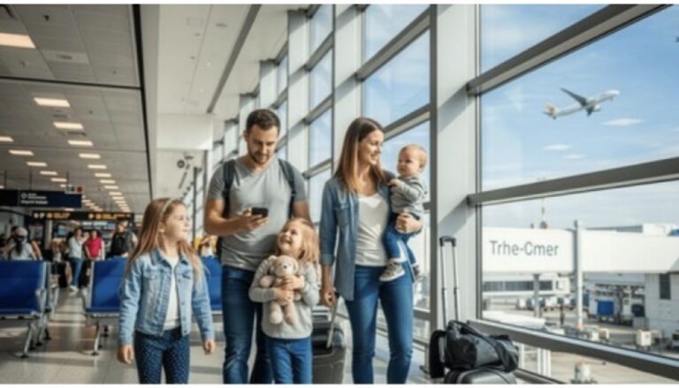 Family at airport using their eSims abroad to keep in touch