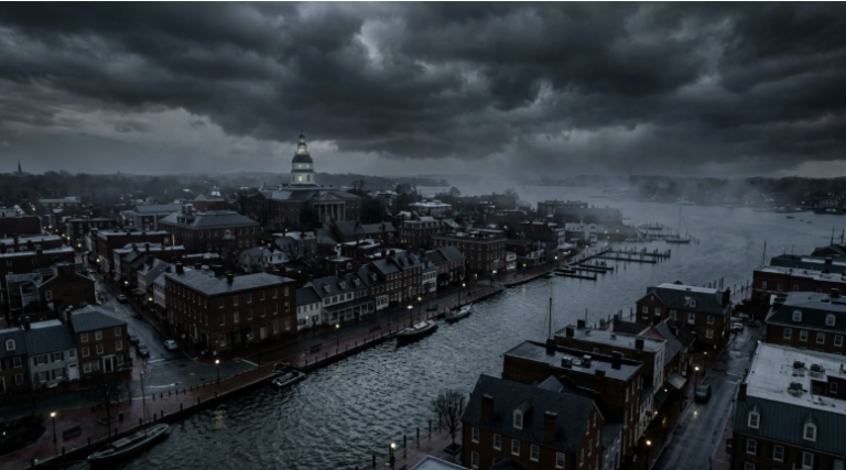 Aerial view of Annapolis on a stormy evening.