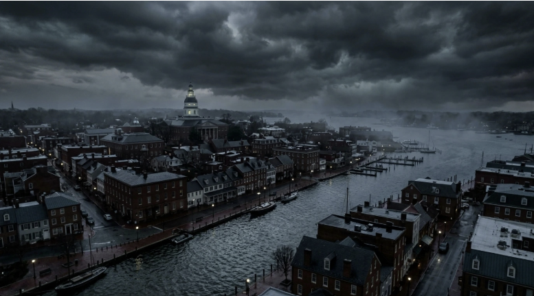 Aerial view of Annapolis on a stormy evening.